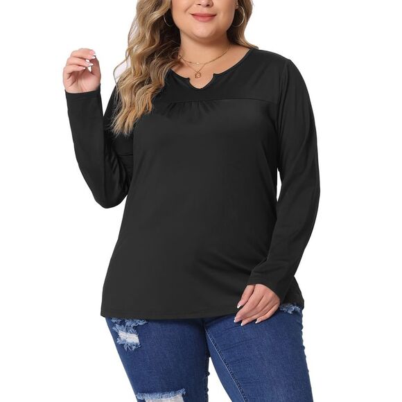 Plus Size Blouse Long Sleeve T-Shirt Notched Neck Loose Casual Top Black - Picture 2 of 5